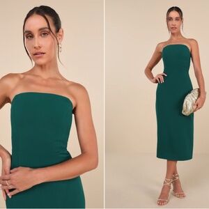 LULU's Wedding Sexy Classy Strapless Special Event Emerald Green Midi Dress